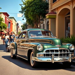 A vibrant street scene featuring a classic car parked along a bustling road