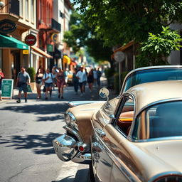 A vibrant street scene featuring a classic car parked along a bustling road