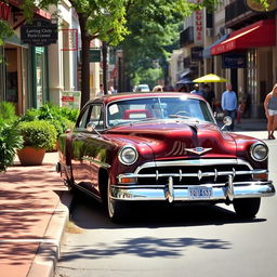 A vibrant street scene featuring a classic car parked along a bustling road