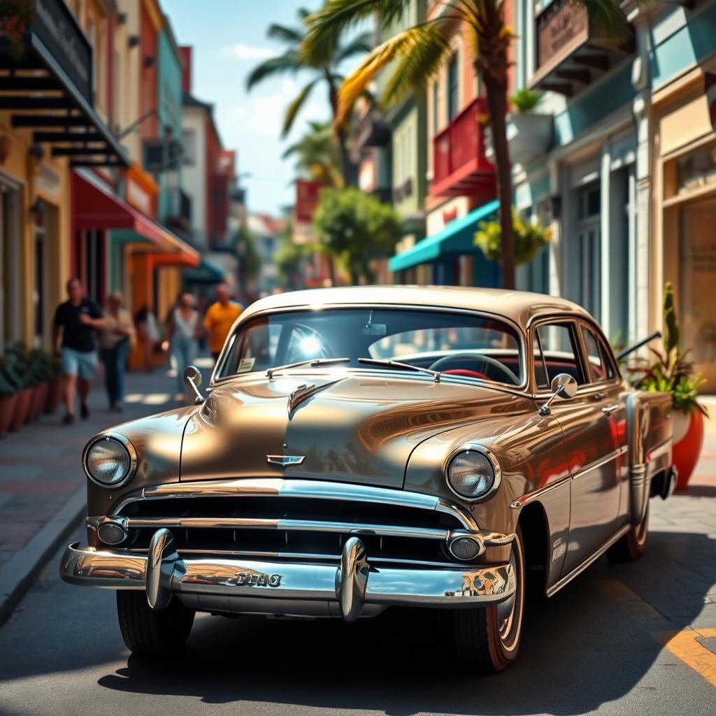 A lively street scene featuring a classic car parked along a vibrant urban road