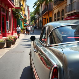 A lively street scene featuring a classic car parked along a vibrant urban road