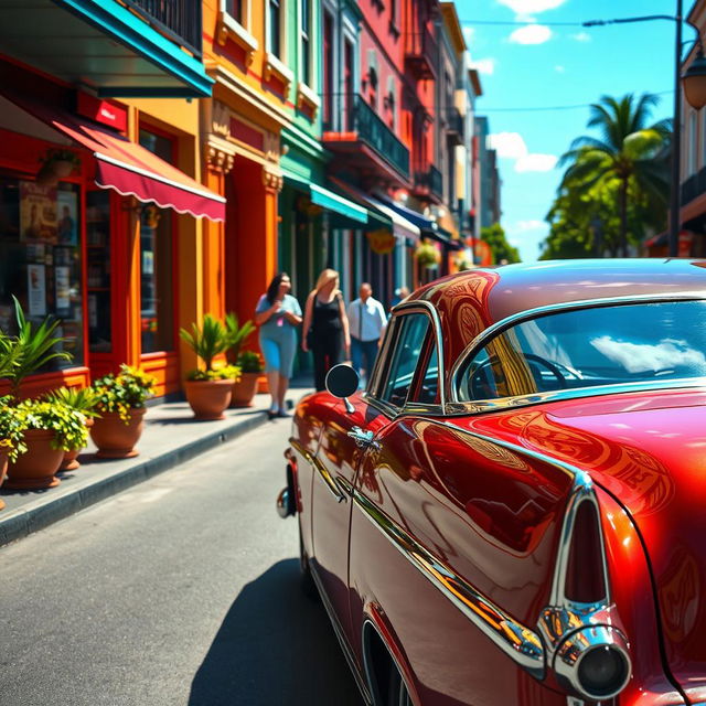 A lively street scene featuring a classic car parked along a vibrant urban road