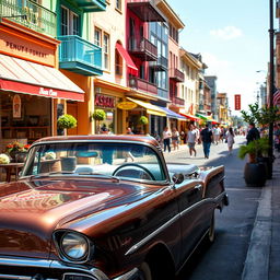 A lively street scene featuring a classic car parked along a vibrant urban road