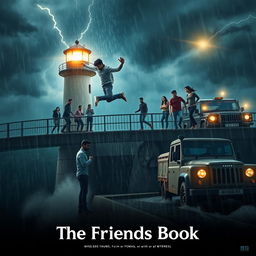 A cinematic film poster titled 'The Friends Book', depicting a heart-stopping moment where an Indian college student slips from a high bridge of a lighthouse over a dam during a rainy night