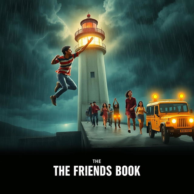 A cinematic film poster titled 'The Friends Book', depicting a heart-stopping moment where an Indian college student slips from a high bridge of a lighthouse over a dam during a rainy night