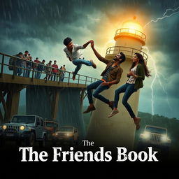 A cinematic film poster titled 'The Friends Book', depicting a heart-stopping moment where an Indian college student slips from a high bridge of a lighthouse over a dam during a rainy night