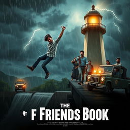 A cinematic film poster titled 'The Friends Book', depicting a heart-stopping moment where an Indian college student slips from a high bridge of a lighthouse over a dam during a rainy night