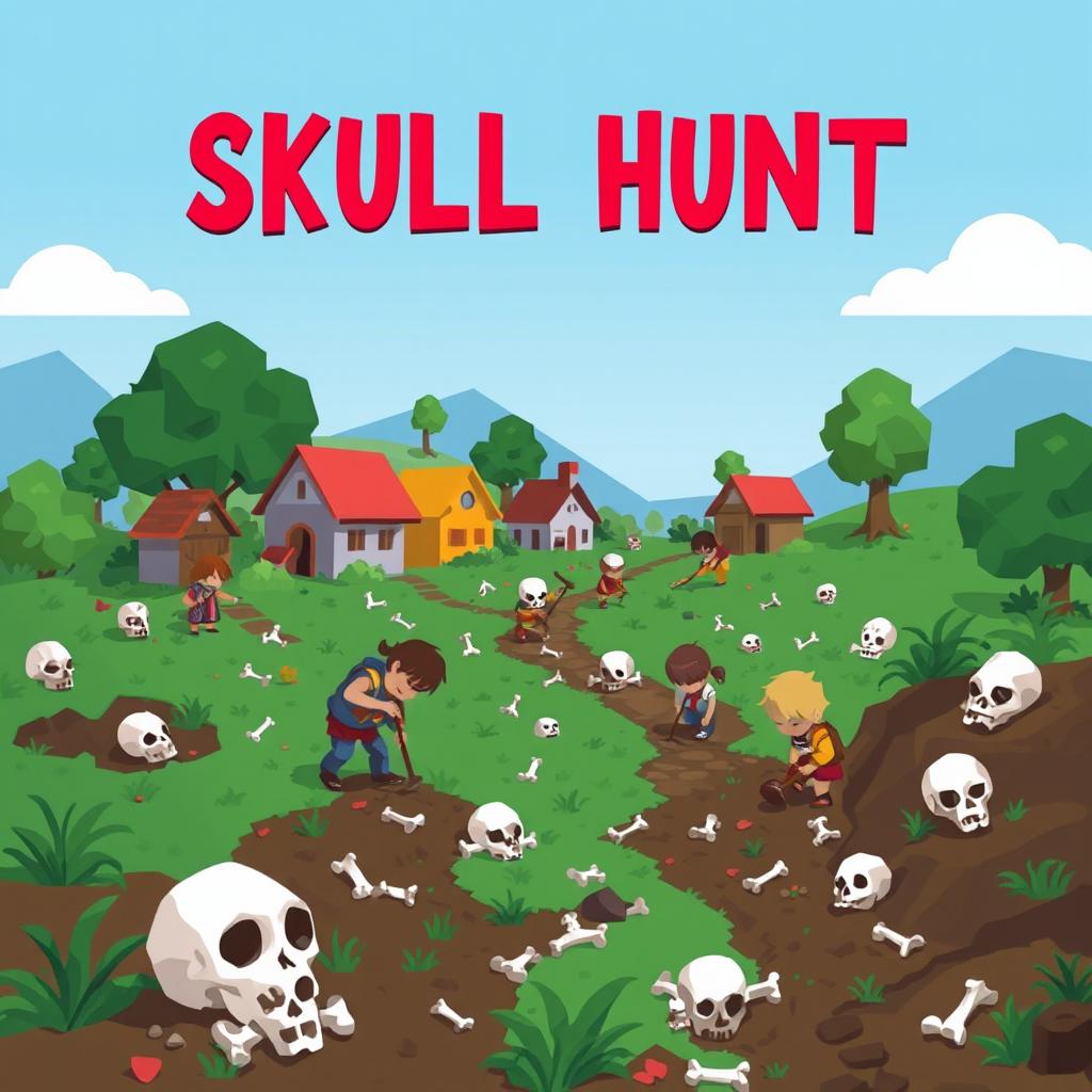 A charming low-resolution pixel art scene of a village where villagers are actively searching for bones and skulls