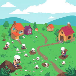 A charming low-resolution pixel art scene of a village where villagers are actively searching for bones and skulls