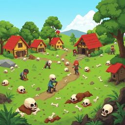 A charming low-resolution pixel art scene of a village where villagers are actively searching for bones and skulls