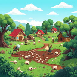 A charming low-resolution pixel art scene of a village where villagers are actively searching for bones and skulls