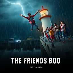 A cinematic film poster titled 'The Friends Book', depicting a dramatic scene where an Indian college student slips from the high bridge of a lighthouse over a dam during a rainy night