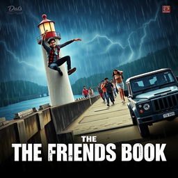 A cinematic film poster titled 'The Friends Book', depicting a dramatic scene where an Indian college student slips from the high bridge of a lighthouse over a dam during a rainy night