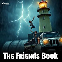 A cinematic film poster titled 'The Friends Book', depicting a dramatic scene where an Indian college student slips from the high bridge of a lighthouse over a dam during a rainy night