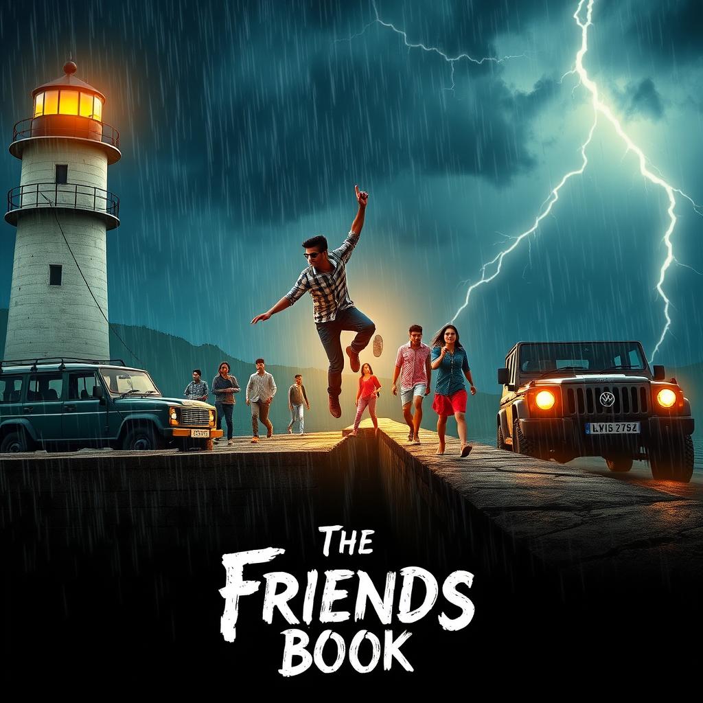 A cinematic film poster titled 'The Friends Book', depicting a dramatic scene where an Indian college student slips from the high bridge of a lighthouse over a dam during a rainy night