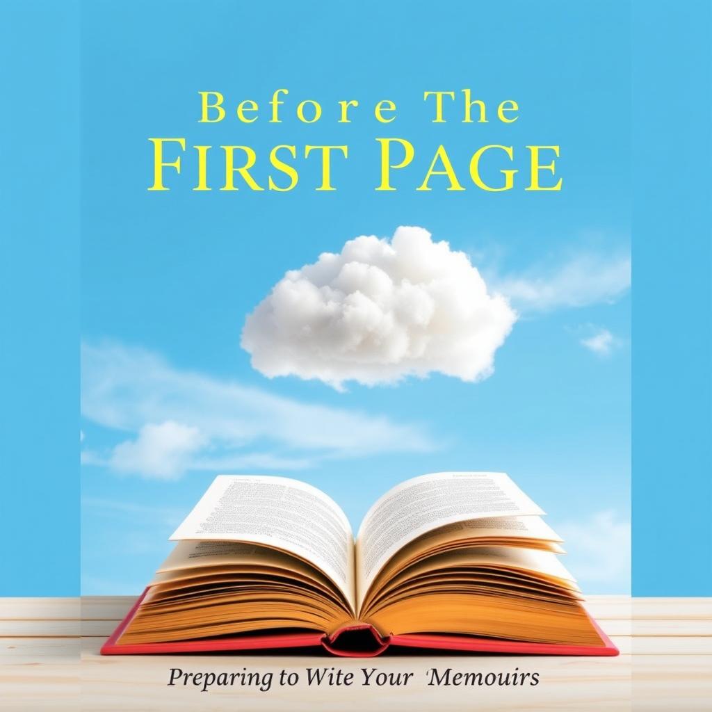 A visually striking book cover design for "Before The First Page: Preparing to Write Your Memoir", featuring an open book positioned prominently at the center, its pages gently flapping as if caught in a breeze