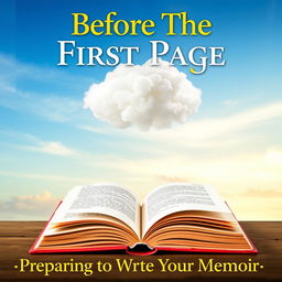 A visually striking book cover design for "Before The First Page: Preparing to Write Your Memoir", featuring an open book positioned prominently at the center, its pages gently flapping as if caught in a breeze