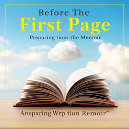 A visually striking book cover design for "Before The First Page: Preparing to Write Your Memoir", featuring an open book positioned prominently at the center, its pages gently flapping as if caught in a breeze