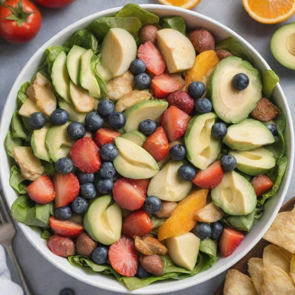 A vibrant, mouth-watering salad filled with potatoes, tomatoes, lettuce, nuts, strawberries, jalapeños, apple slices, blueberries, avocado pieces, orange segments, and crispy chips.