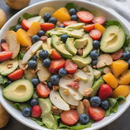 A vibrant, mouth-watering salad filled with potatoes, tomatoes, lettuce, nuts, strawberries, jalapeños, apple slices, blueberries, avocado pieces, orange segments, and crispy chips.