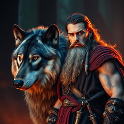 A high fantasy scene featuring a rugged, muscular wizard with a handsome face, standing majestically next to a powerful wolf