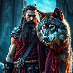 A high fantasy scene featuring a rugged, muscular wizard with a handsome face, standing majestically next to a powerful wolf