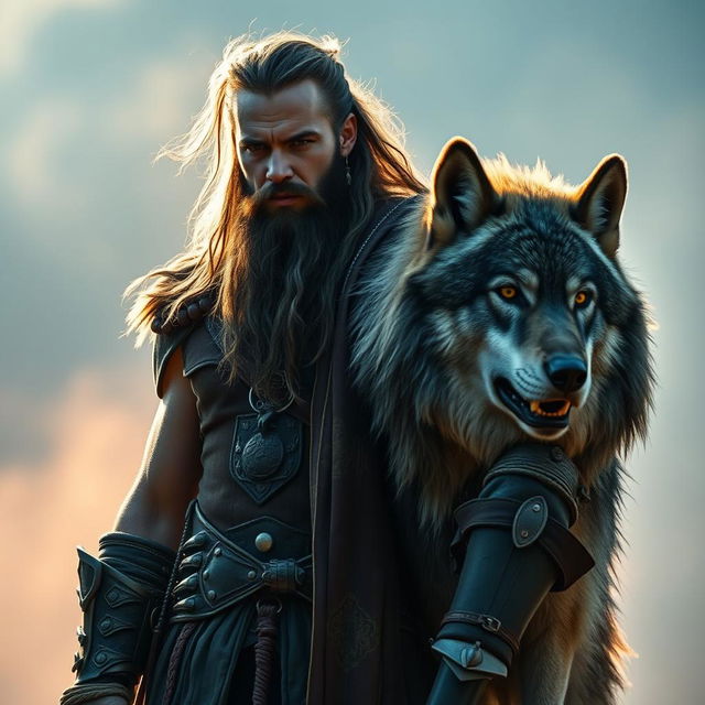 A high fantasy scene featuring a rugged, muscular wizard with a handsome face, standing majestically next to a powerful wolf