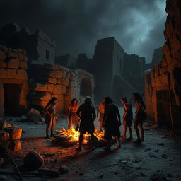 A dark and dramatic scene depicting an abandoned city reminiscent of the Stone Age, with crumbling stone structures overtaken by nature, all set in Israel