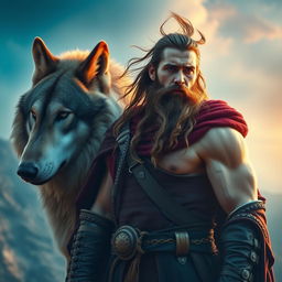 A high fantasy scene featuring a rugged, muscular wizard with a handsome face, standing majestically next to a powerful wolf