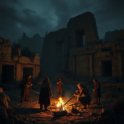 A dark and dramatic scene depicting an abandoned city reminiscent of the Stone Age, with crumbling stone structures overtaken by nature, all set in Israel