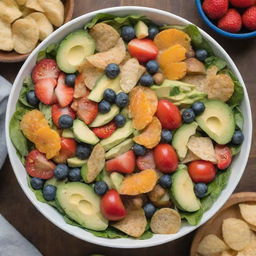 A vibrant, mouth-watering salad filled with potatoes, tomatoes, lettuce, nuts, strawberries, jalapeños, apple slices, blueberries, avocado pieces, orange segments, and crispy chips.