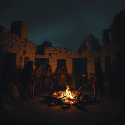 A dark and dramatic scene depicting an abandoned city reminiscent of the Stone Age, with crumbling stone structures overtaken by nature, all set in Israel