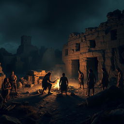 A dark and dramatic scene depicting an abandoned city reminiscent of the Stone Age, with crumbling stone structures overtaken by nature, all set in Israel