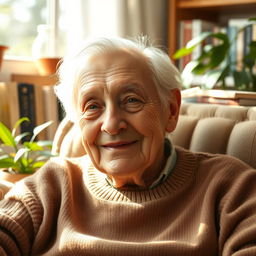 An elderly person with wise, kind eyes, sitting comfortably in a cozy chair, surrounded by books and plants