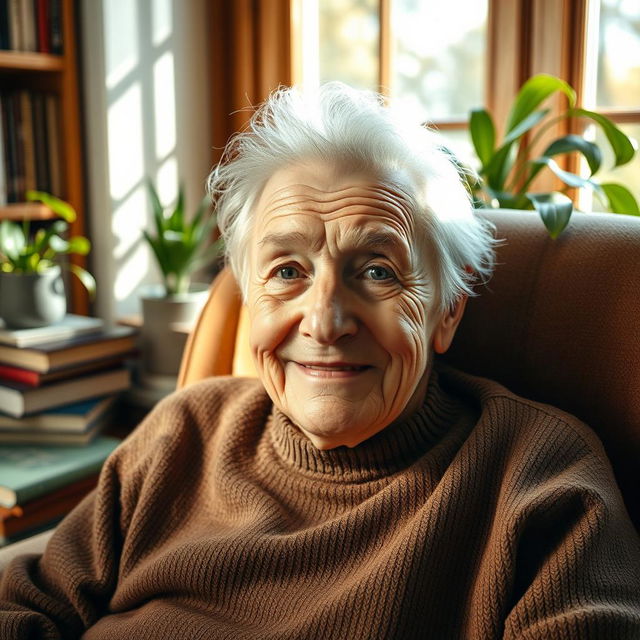 An elderly person with wise, kind eyes, sitting comfortably in a cozy chair, surrounded by books and plants