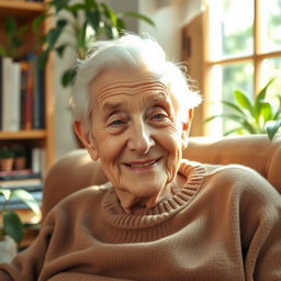 An elderly person with wise, kind eyes, sitting comfortably in a cozy chair, surrounded by books and plants