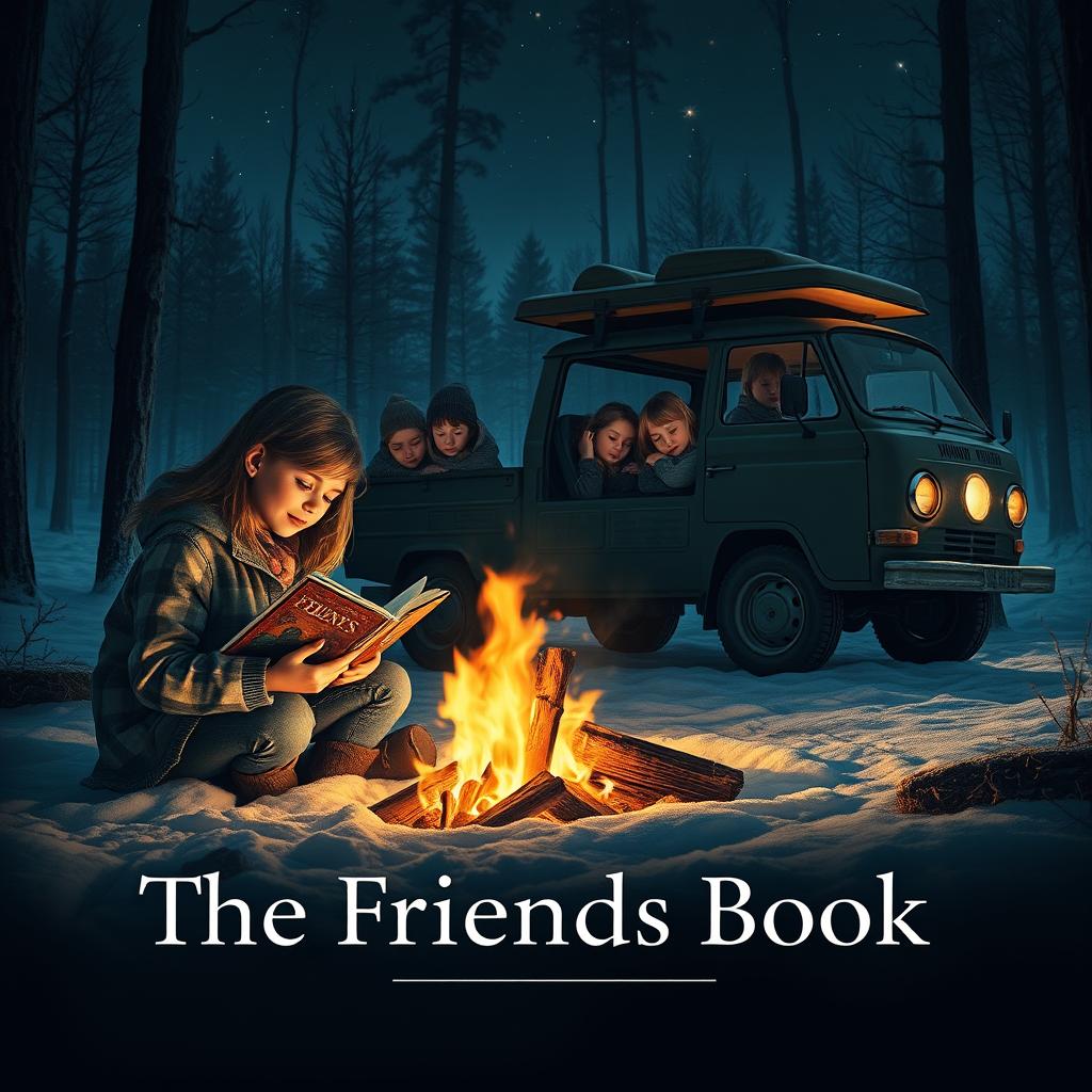 A cinematic film poster titled 'The Friends Book', featuring a captivating scene on a cold winter night in a forest