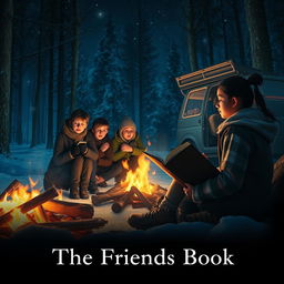 A cinematic film poster titled 'The Friends Book', featuring a captivating scene on a cold winter night in a forest