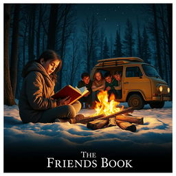 A cinematic film poster titled 'The Friends Book', featuring a captivating scene on a cold winter night in a forest