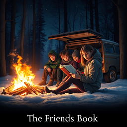 A cinematic film poster titled 'The Friends Book', featuring a captivating scene on a cold winter night in a forest