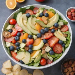 A vibrant, mouth-watering salad filled with potatoes, tomatoes, lettuce, nuts, strawberries, jalapeños, apple slices, blueberries, avocado pieces, orange segments, and crispy chips.