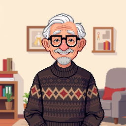 An elderly man in pixel art style, featuring a cheerful expression, wearing a patterned sweater and glasses