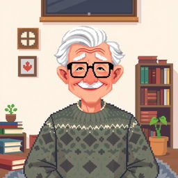 An elderly man in pixel art style, featuring a cheerful expression, wearing a patterned sweater and glasses