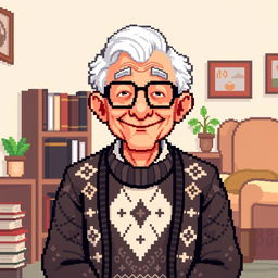 An elderly man in pixel art style, featuring a cheerful expression, wearing a patterned sweater and glasses