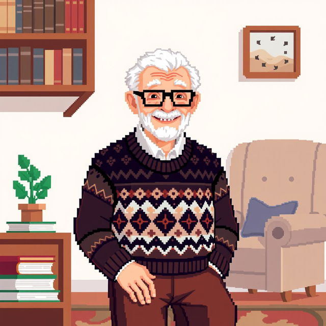 An elderly man in pixel art style, featuring a cheerful expression, wearing a patterned sweater and glasses