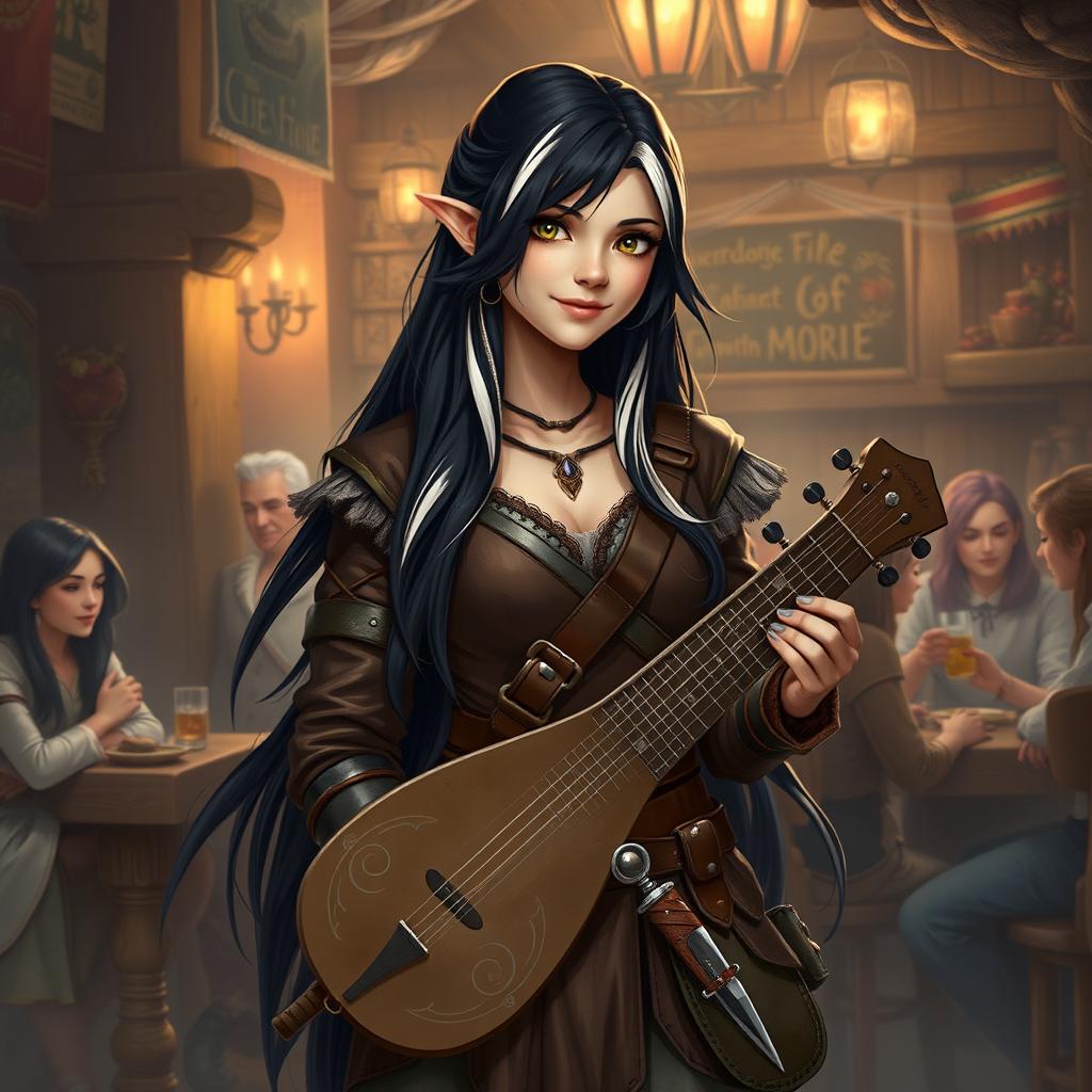 A full-body portrait of Adzira, a young half-elf bard with long, flowing black hair featuring striking white streaks