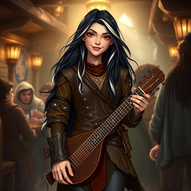 A full-body portrait of Adzira, a young half-elf bard with long, flowing black hair featuring striking white streaks