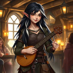 A full-body portrait of Adzira, a young half-elf bard with long, flowing black hair featuring striking white streaks