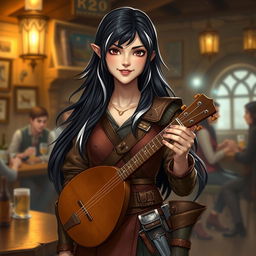 A full-body portrait of Adzira, a young half-elf bard with long, flowing black hair featuring striking white streaks