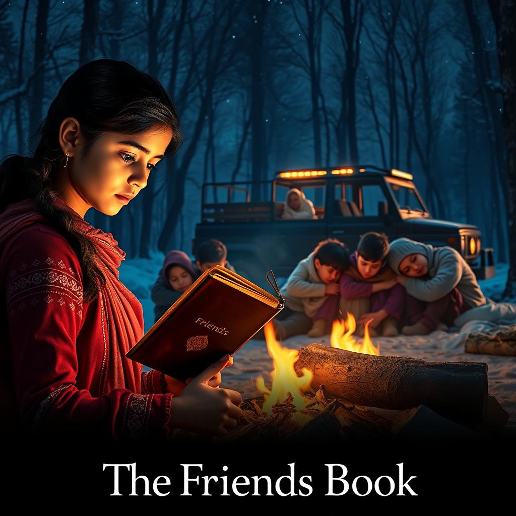 A cinematic film poster titled 'The Friends Book', showcasing a magical scene on a cold winter night in a forest